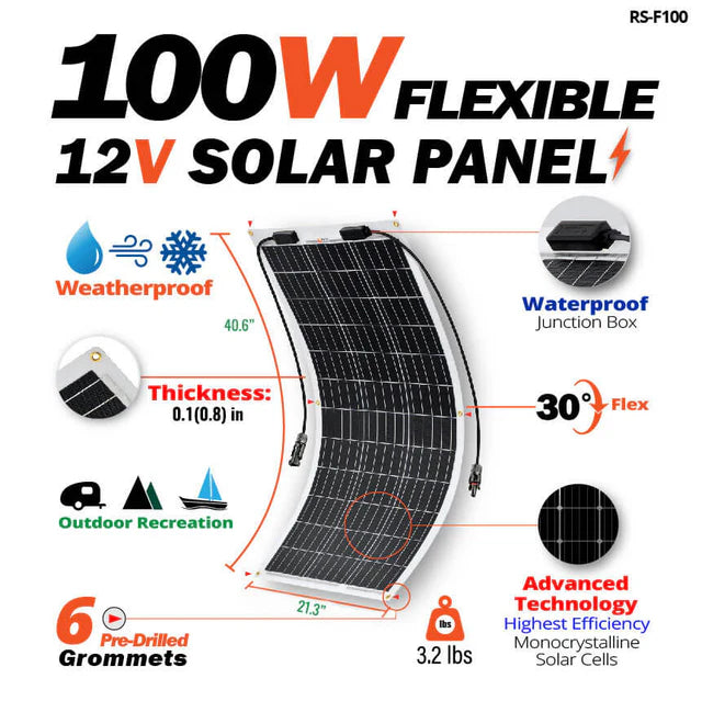 MEGA 100 FLEX | 100 Watt Flexible Solar Panel | Lightweight 12V Flexible Solar Panel for Vans, Boats, Trailers | High Efficiency Rich Solar