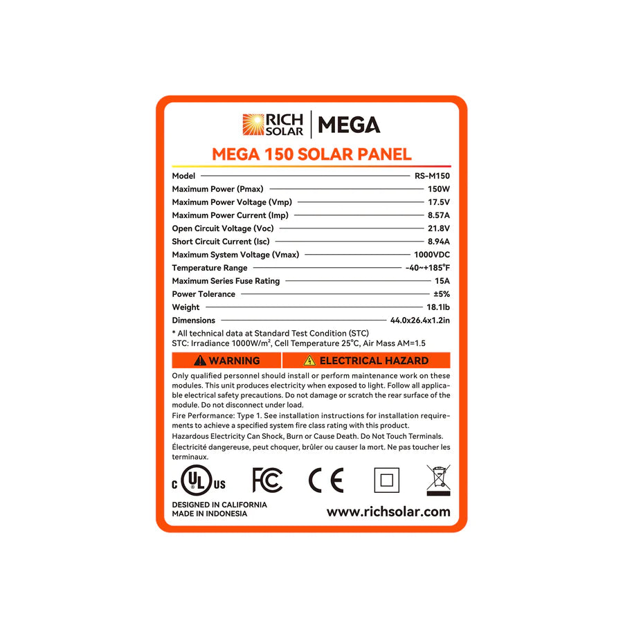 MEGA 150 | 150 Watt Solar Panel | Lightweight 12V Off-Grid Solar Panel for RVs, Cabins, Boats | 25-Year Output Warranty | UL Certified Rich Solar