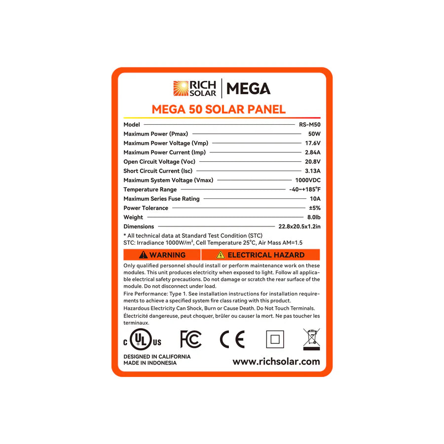 MEGA 50 | 50 Watt Solar Panel | Compact 12V Off-Grid Solar Panel for Boats, Vans, Trailers | 25-Year Output Warranty | UL Certified Rich Solar