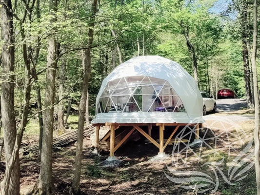 32mm (1 1/4") frame, 3V frequency, multi-piece reflective insulation layer, washable interior oxford liner,Clear PVC panorama window with side zippers for ventilation, 2 opening triangle Glass windows, Heavy curtain on track, mini door awning Phoenyx Domes