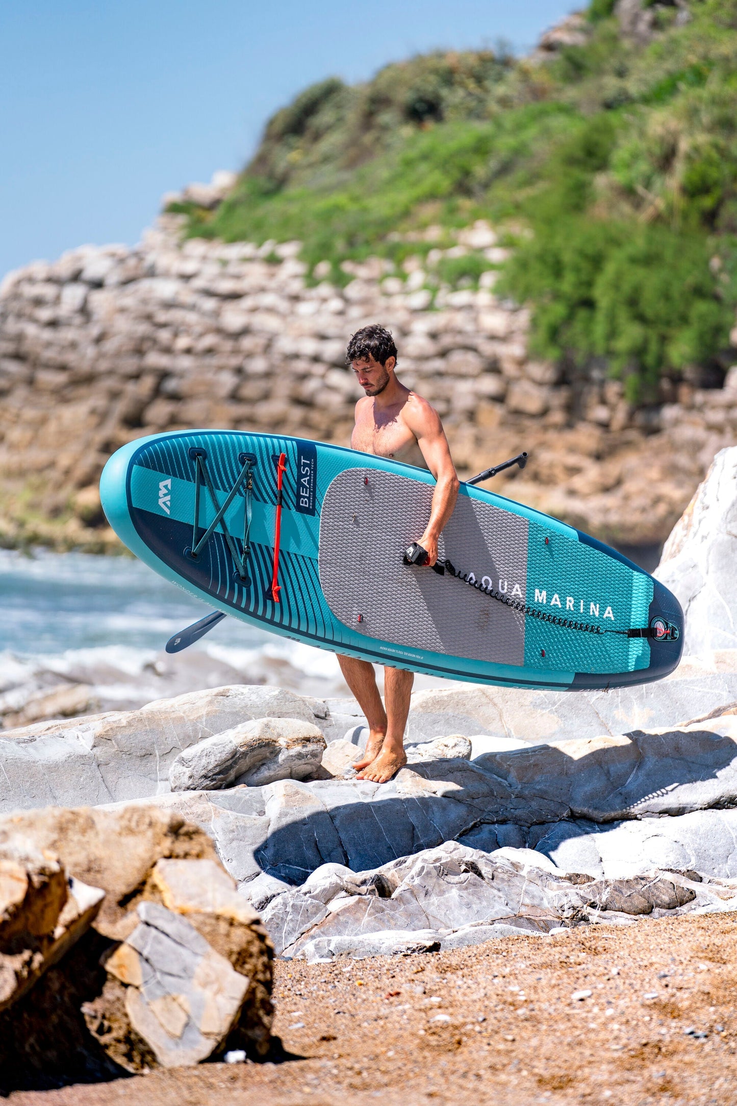 Beast (Aqua Splash) - Advanced All-around iSUP, 3.2m/15cm, with carbon/fiberglass hybrid PASTEL paddle and coil leash Aqua Marina
