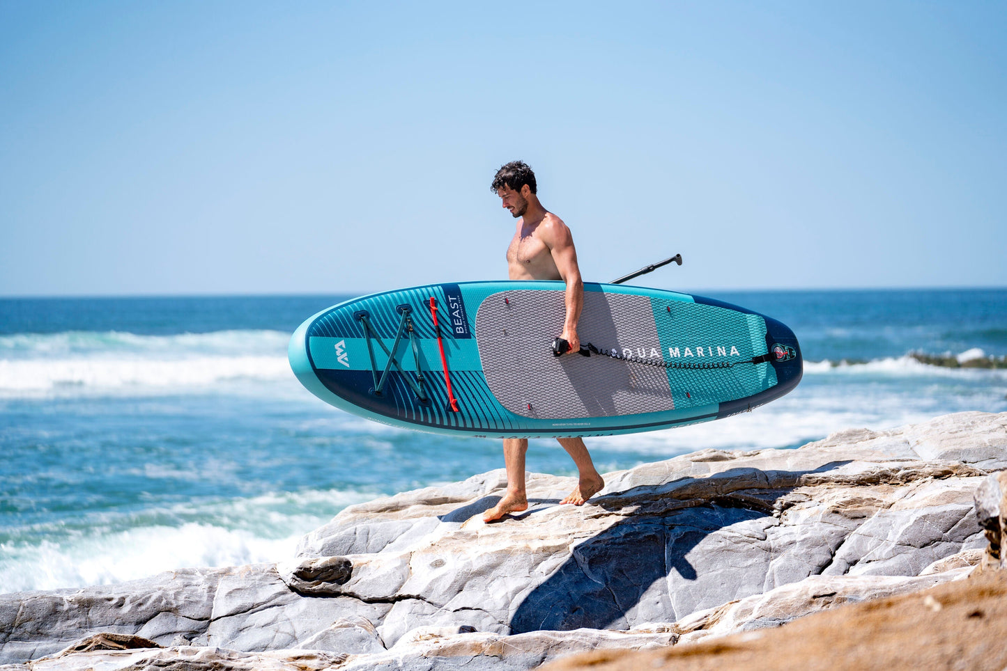 Beast (Aqua Splash) - Advanced All-around iSUP, 3.2m/15cm, with carbon/fiberglass hybrid PASTEL paddle and coil leash Aqua Marina