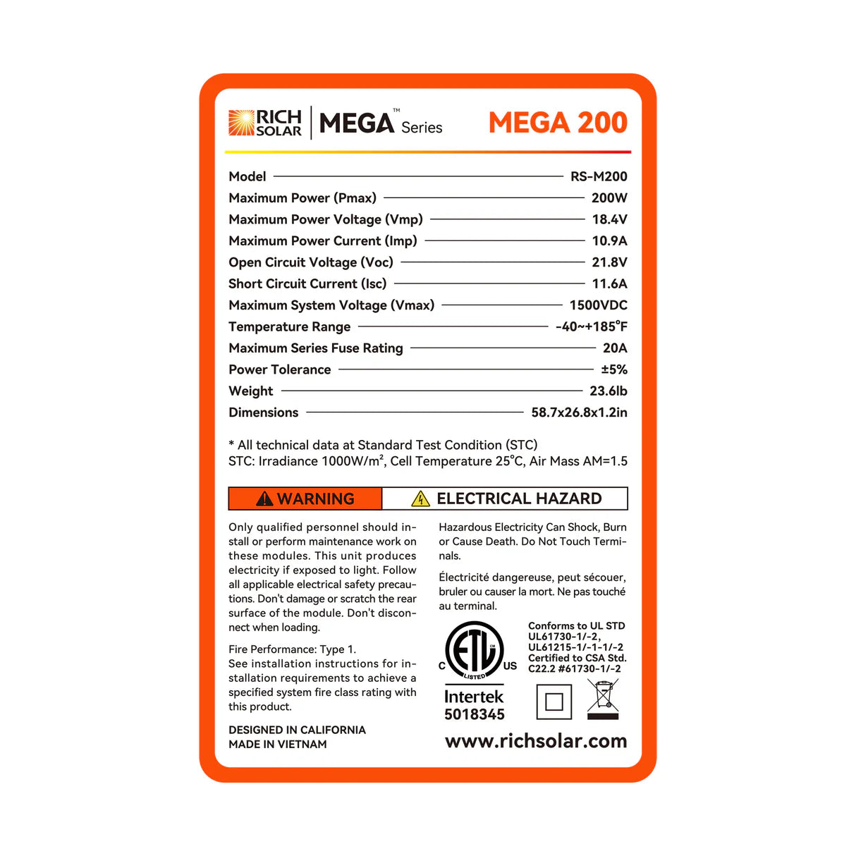 MEGA 200 | 200 Watt Solar Panel | Premier 12V Off-Grid Solar Panel for RVs Cabins, Boats | 25-Year Output Warranty | UL Certified Rich Solar