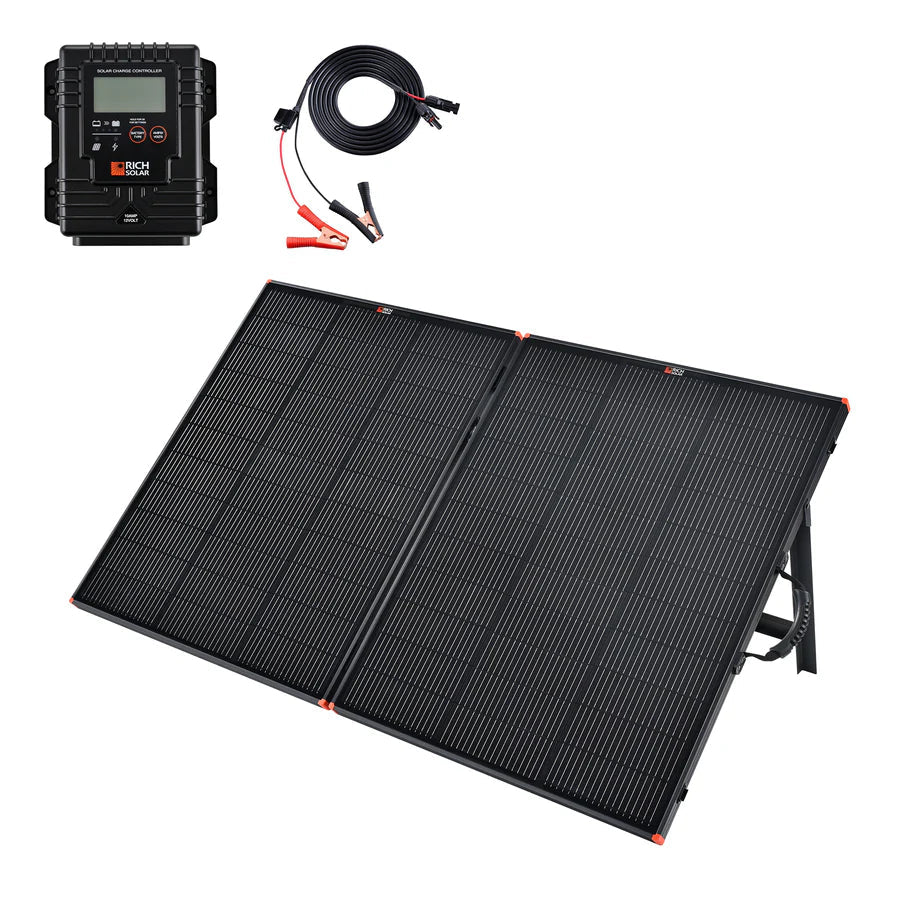 MEGA 200 Portable Briefcase Charging Kit | 200 Watt Portable Solar Panel | Premium 12V Portable Solar Panel for Generators, Vans, Campers | High Efficiency Rich Solar