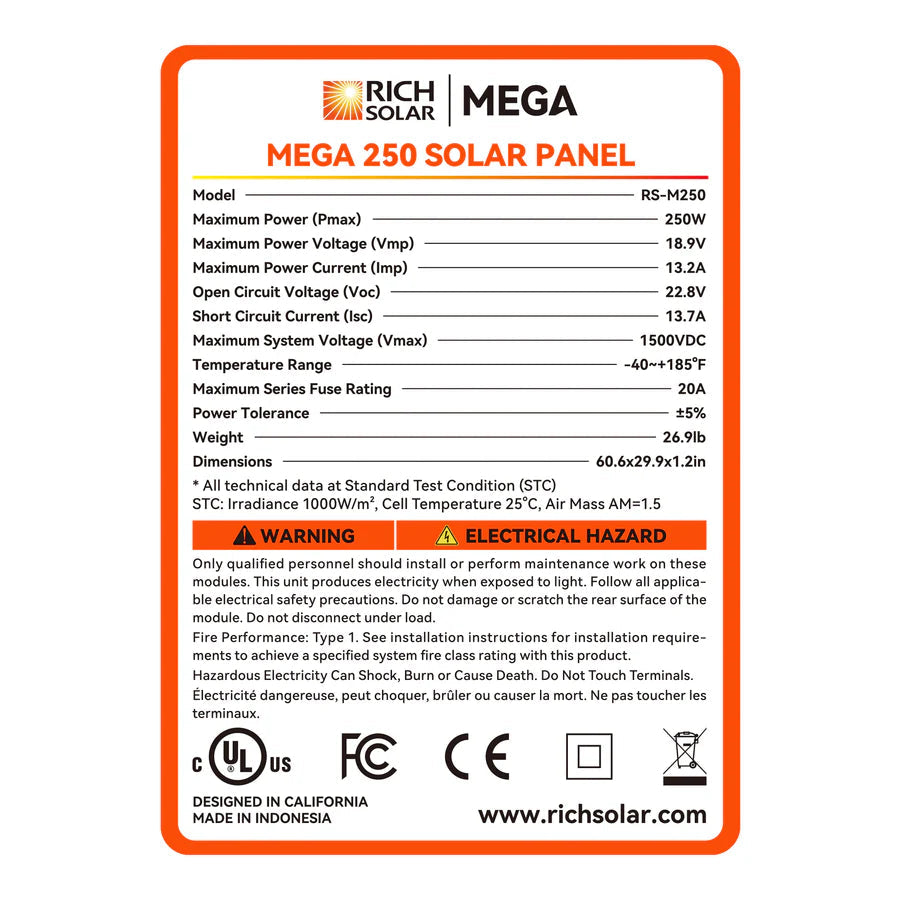 MEGA 250 | 250 Watt Solar Panel | Premier 12V Off-Grid Solar Panel for RVs, Vans, Boats | 25-Year Output Warranty | UL Certified Rich Solar