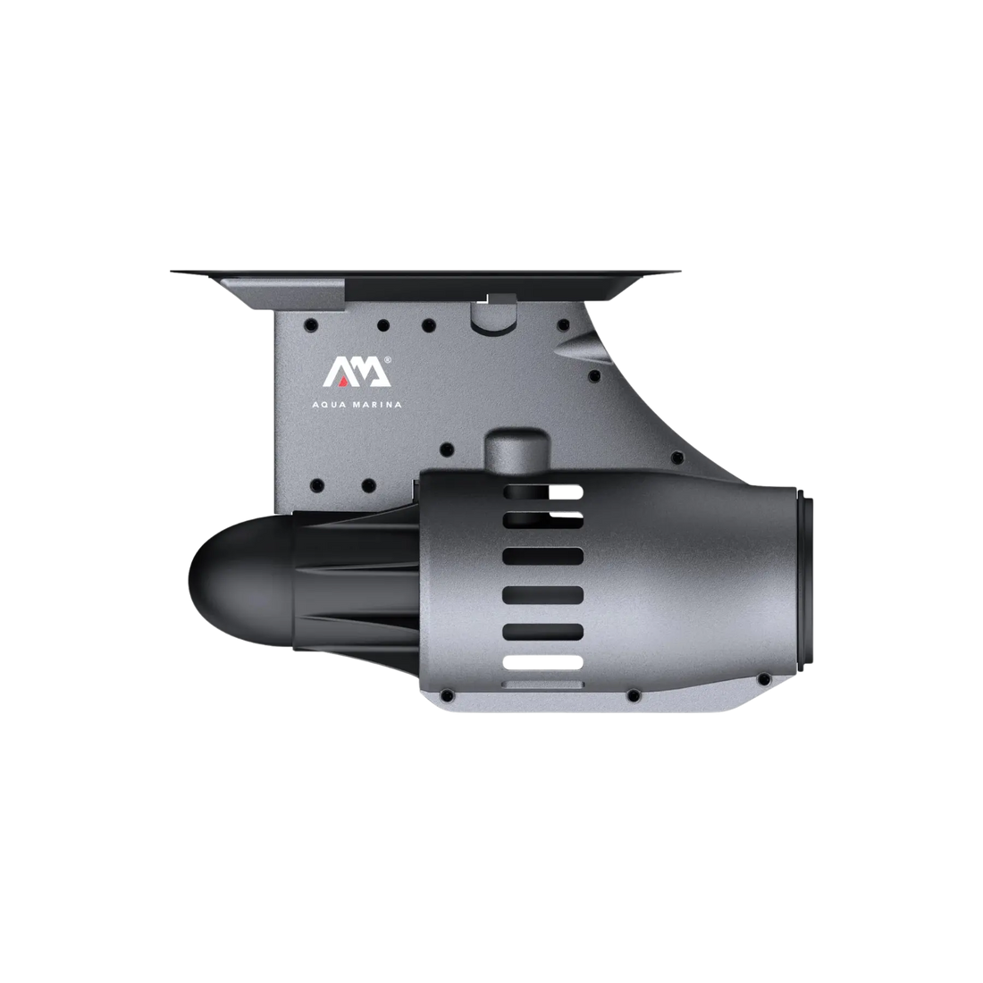 Side view of the Aqua Marina BlueDrive S Power Fin with gray fin mount and vented motor housing