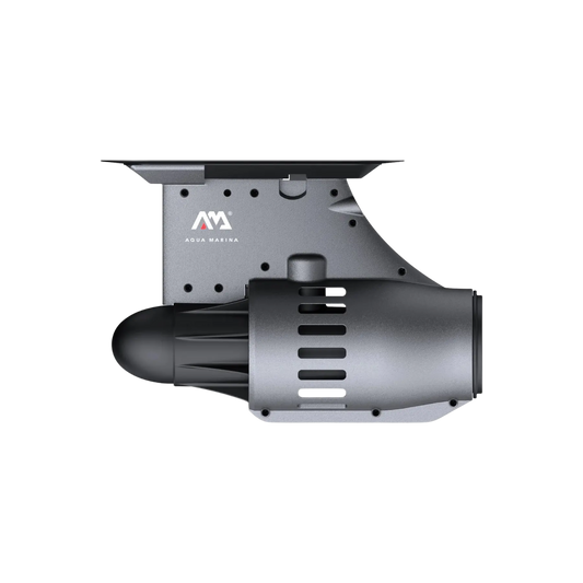 Side view of the Aqua Marina BlueDrive S Power Fin with gray fin mount and vented motor housing