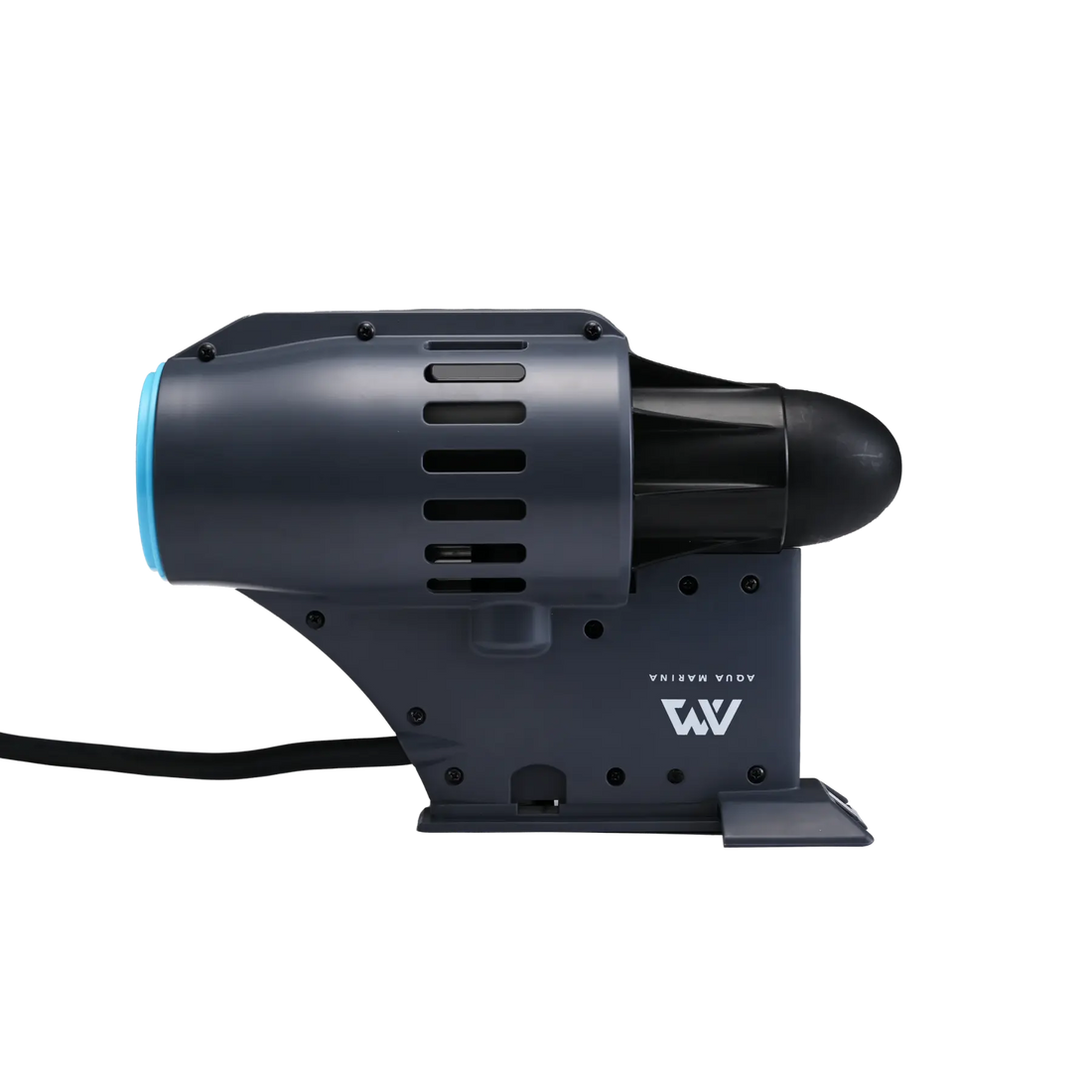 Side view of the Aqua Marina BLUEDRIVE K Power Fin with dark motor housing, blue trim, and attached cable