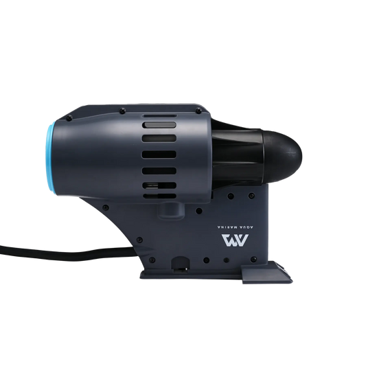 Side view of the Aqua Marina BLUEDRIVE K Power Fin with dark motor housing, blue trim, and attached cable