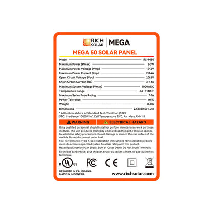 MEGA 50 | 50 Watt Solar Panel | Compact 12V Off-Grid Solar Panel for Boats, Vans, Trailers | 25-Year Output Warranty | UL Certified Rich Solar