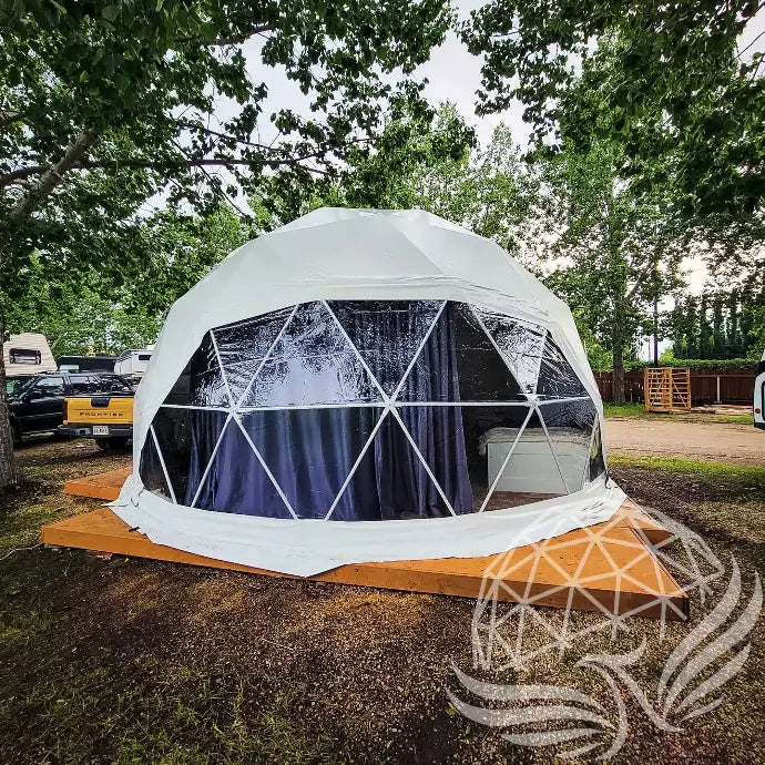32mm (1  1/4")  frame, 3V frequency, multi-piece reflective insulation layer, washable interior oxford liner,Clear PVC panorama window with side zippers for ventilation, 2 opening triangle Glass windows, Heavy curtain on track, mini door awning Phoenyx Domes