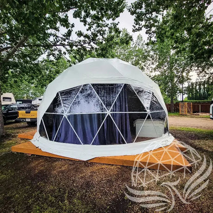 32mm (1  1/4")  frame, 3V frequency, multi-piece reflective insulation layer, washable interior oxford liner,Clear PVC panorama window with side zippers for ventilation, 2 opening triangle Glass windows, Heavy curtain on track, mini door awning Phoenyx Domes