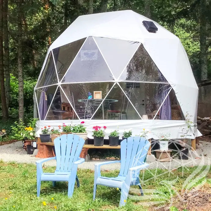 32mm (1  1/4")  frame, 3V frequency, multi-piece reflective insulation layer, washable interior oxford liner,Clear PVC panorama window with side zippers for ventilation, 2 opening triangle Glass windows, Heavy curtain on track, mini door awning Phoenyx Domes