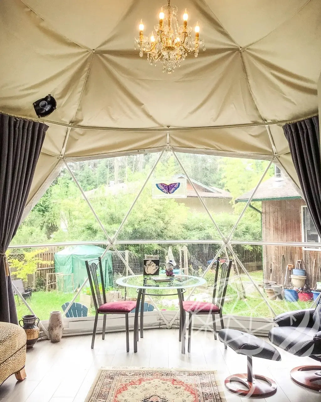 32mm (1  1/4")  frame, 3V frequency, multi-piece reflective insulation layer, washable interior oxford liner,Clear PVC panorama window with side zippers for ventilation, 2 opening triangle Glass windows, Heavy curtain on track, mini door awning Phoenyx Domes