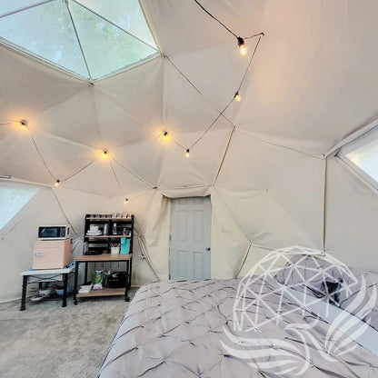 32mm (1  1/4")  frame, 3V frequency, multi-piece reflective insulation layer, washable interior oxford liner,Clear PVC panorama window with side zippers for ventilation, 2 opening triangle Glass windows, Heavy curtain on track, mini door awning Phoenyx Domes