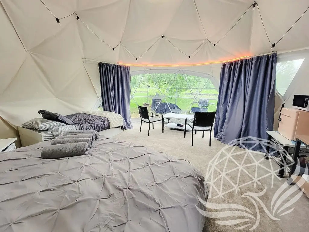32mm (1  1/4")  frame, 3V frequency, multi-piece reflective insulation layer, washable interior oxford liner,Clear PVC panorama window with side zippers for ventilation, 2 opening triangle Glass windows, Heavy curtain on track, mini door awning Phoenyx Domes