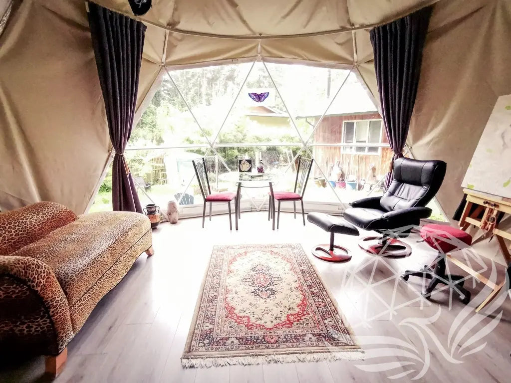 32mm (1  1/4")  frame, 3V frequency, multi-piece reflective insulation layer, washable interior oxford liner,Clear PVC panorama window with side zippers for ventilation, 2 opening triangle Glass windows, Heavy curtain on track, mini door awning Phoenyx Domes