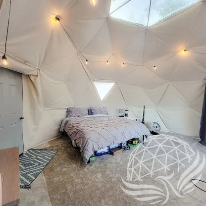 32mm (1  1/4")  frame, 3V frequency, multi-piece reflective insulation layer, washable interior oxford liner,Clear PVC panorama window with side zippers for ventilation, 2 opening triangle Glass windows, Heavy curtain on track, mini door awning Phoenyx Domes