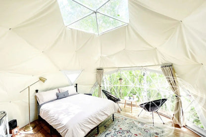 32mm (1  1/4")  frame, 3V frequency, multi-piece reflective insulation layer, washable interior oxford liner,Clear PVC panorama window with side zippers for ventilation, 2 opening triangle Glass windows, Heavy curtain on track, mini door awning Phoenyx Domes