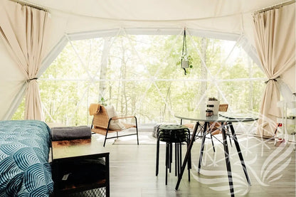 32mm (1  1/4")  frame, 3V frequency, multi-piece reflective insulation layer, washable interior oxford liner,Clear PVC panorama window with side zippers for ventilation, 2 opening triangle Glass windows, Heavy curtain on track, mini door awning Phoenyx Domes