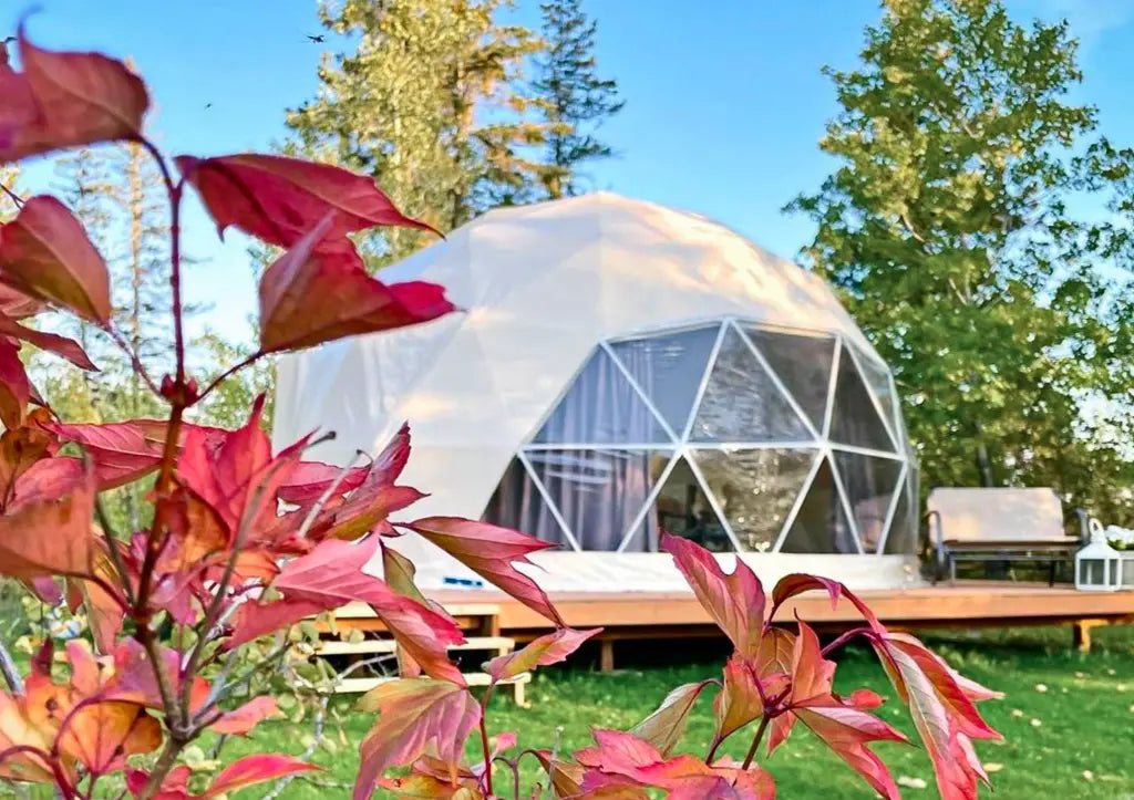 32mm (1  1/4")  frame, 3V frequency, multi-piece reflective insulation layer, washable interior oxford liner,Clear PVC panorama window with side zippers for ventilation, 2 opening triangle Glass windows, Heavy curtain on track, mini door awning Phoenyx Domes