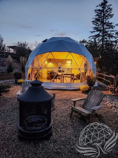 32mm (1  1/4")  frame, 3V frequency, multi-piece reflective insulation layer, washable interior oxford liner,Clear PVC panorama window with side zippers for ventilation, 2 opening triangle Glass windows, Heavy curtain on track, mini door awning Phoenyx Domes