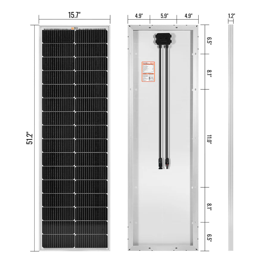 MEGA 100 SLIM | 100 Watt Slim Solar Panel | Compact 12V Off-Grid Narrow Solar Panel for Campers, Overlanders, Boats | 25-Year Output Warranty | UL Certified Rich Solar