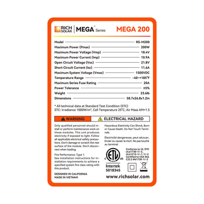 MEGA 200 | 200 Watt Solar Panel | Premier 12V Off-Grid Solar Panel for RVs Cabins, Boats | 25-Year Output Warranty | UL Certified Rich Solar