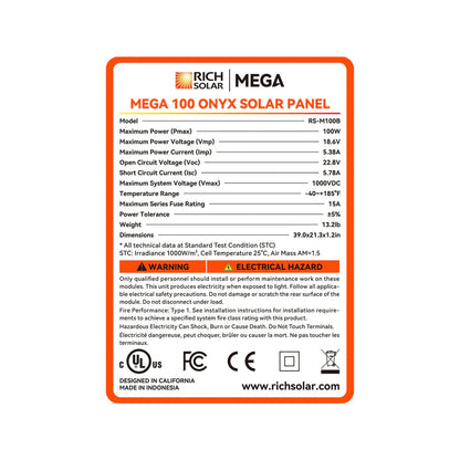 MEGA 100 | 100 Watt Solar Panel | Premier 12V Off-Grid Solar Panel for Vans, Campers, Boats | 25-Year Output Warranty | UL Certified Rich Solar