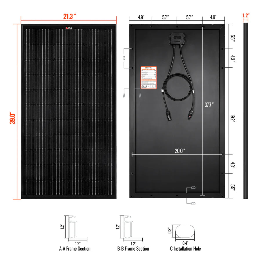 MEGA 100 | 100 Watt Solar Panel | Premier 12V Off-Grid Solar Panel for Vans, Campers, Boats | 25-Year Output Warranty | UL Certified Rich Solar
