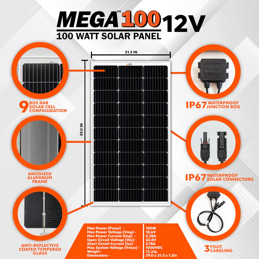MEGA 100 | 100 Watt Solar Panel | Premier 12V Off-Grid Solar Panel for Vans, Campers, Boats | 25-Year Output Warranty | UL Certified Rich Solar