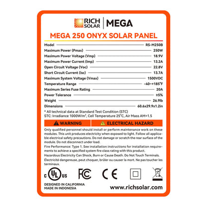 MEGA 250 | 250 Watt Solar Panel | Premier 12V Off-Grid Solar Panel for RVs, Vans, Boats | 25-Year Output Warranty | UL Certified Rich Solar