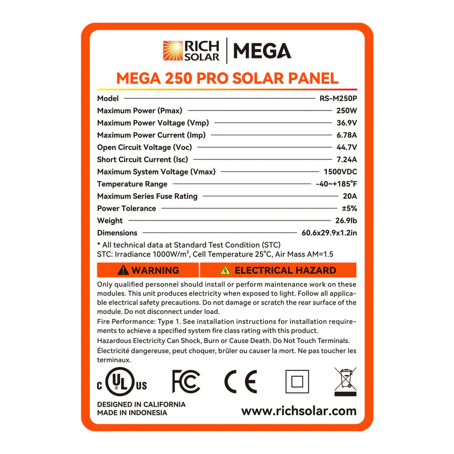MEGA 250 PRO | 250 Watt 24 Volt Solar Panel | Premium 24V Off-Grid Solar Panel for Campers, Tiny Homes, Cabins | 25-Year Output Warranty | UL Certified Rich Solar