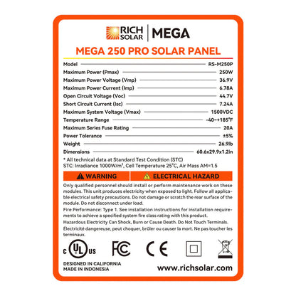 MEGA 250 PRO | 250 Watt 24 Volt Solar Panel | Premium 24V Off-Grid Solar Panel for Campers, Tiny Homes, Cabins | 25-Year Output Warranty | UL Certified Rich Solar