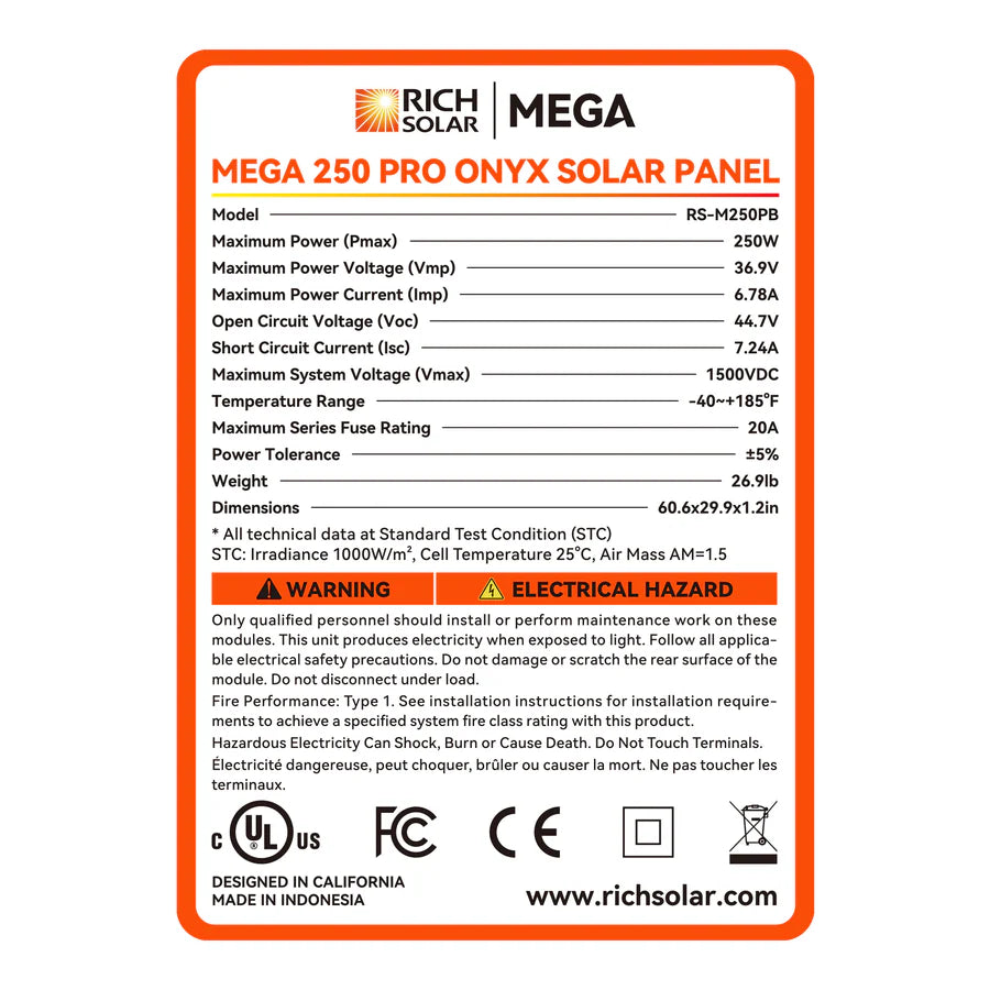 MEGA 250 PRO | 250 Watt 24 Volt Solar Panel | Premium 24V Off-Grid Solar Panel for Campers, Tiny Homes, Cabins | 25-Year Output Warranty | UL Certified Rich Solar