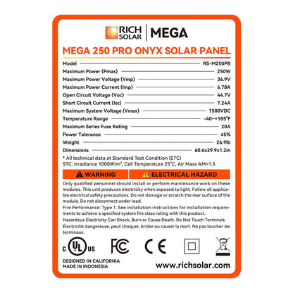 MEGA 250 PRO | 250 Watt 24 Volt Solar Panel | Premium 24V Off-Grid Solar Panel for Campers, Tiny Homes, Cabins | 25-Year Output Warranty | UL Certified Rich Solar