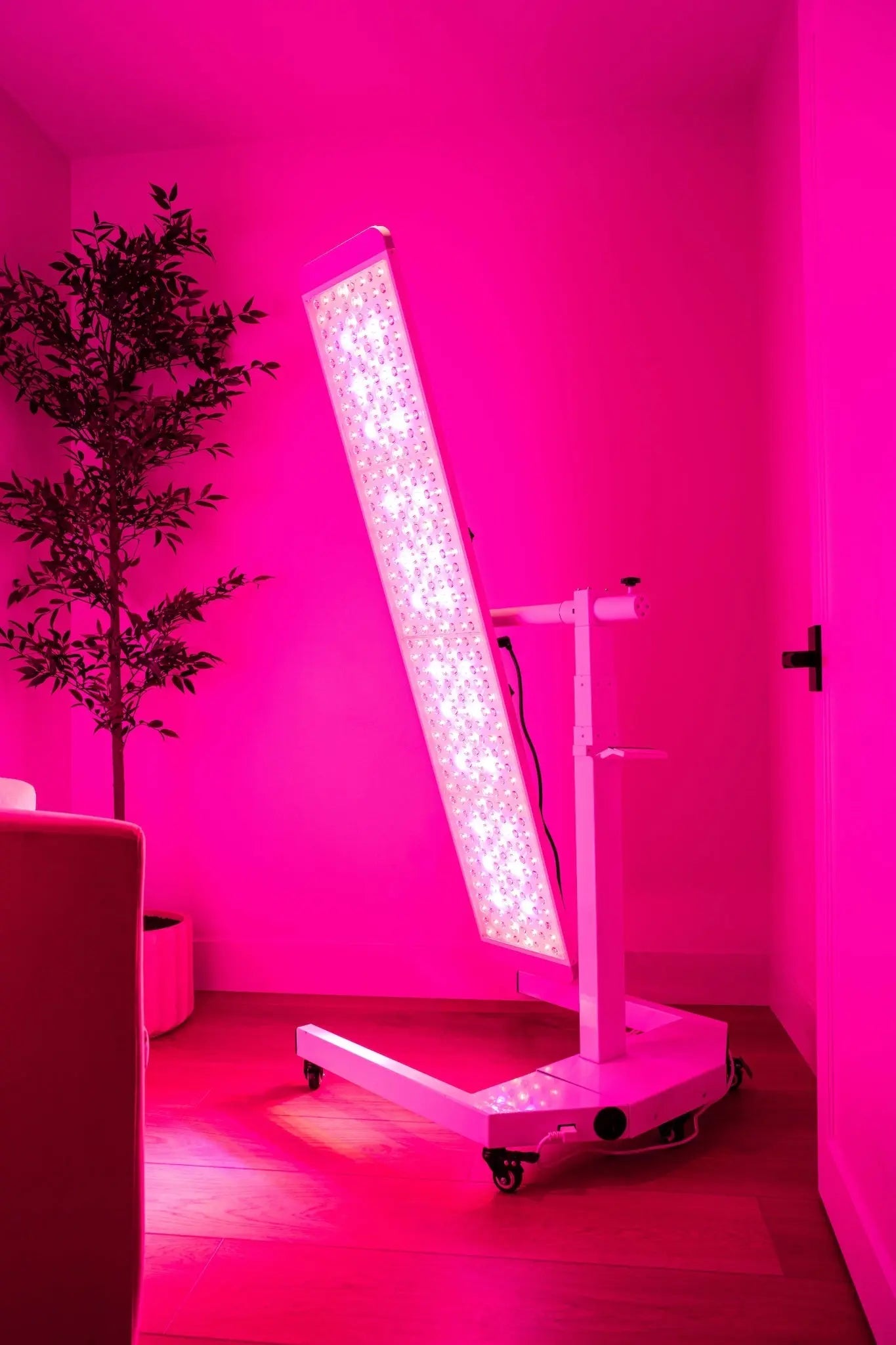 NEW The Panorama Panel in a stylish room, displaying adjustable height and colorful light therapy features.
