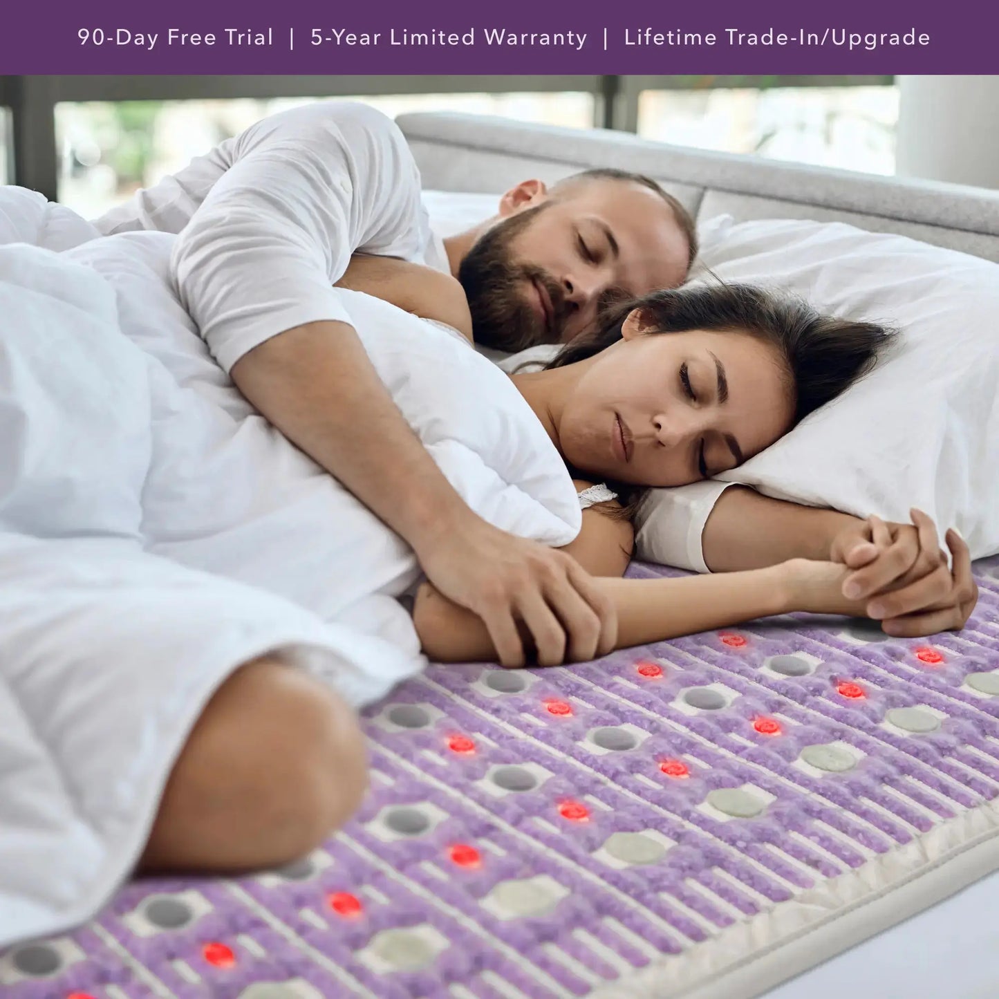 Couple enjoying comfort on The TAJ Bed Series - Mattress Toppers, showcasing deep therapeutic benefits.