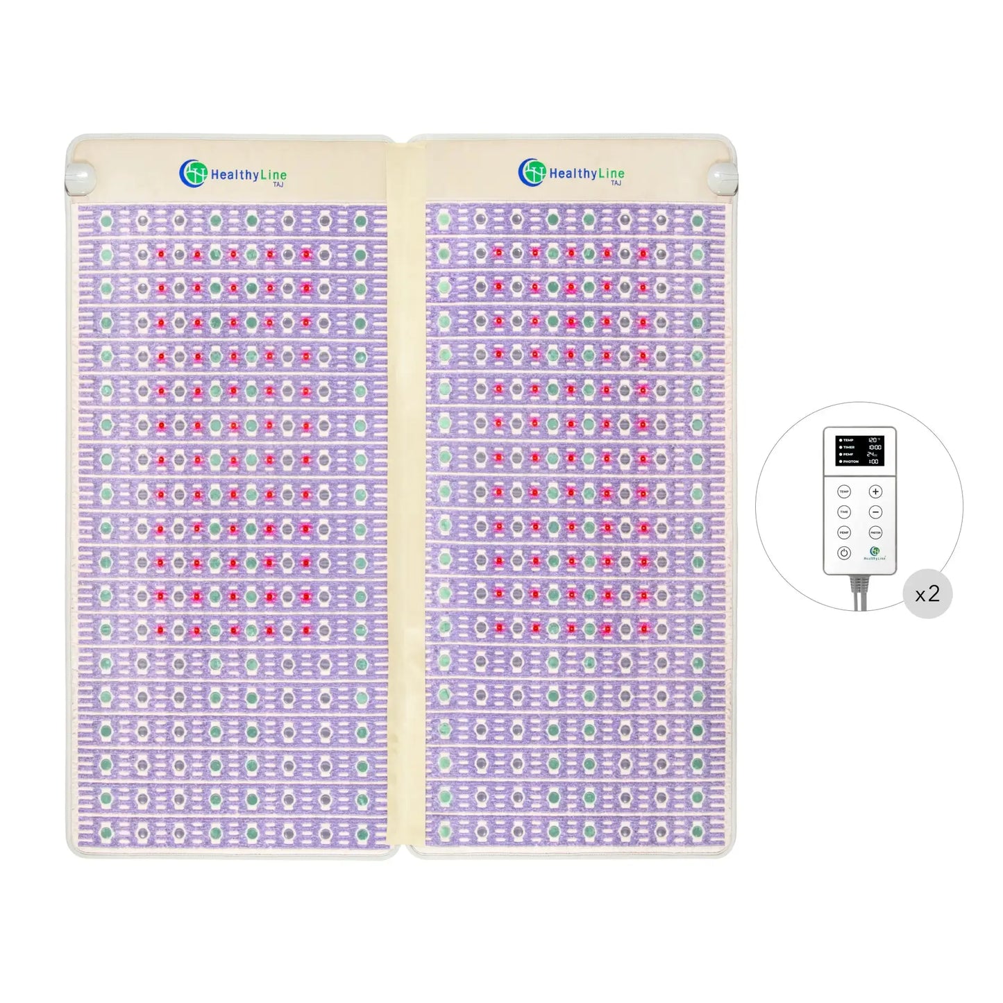 The TAJ Bed Series - Mattress Toppers, featuring gemstone-filled mats and a user-friendly control panel.